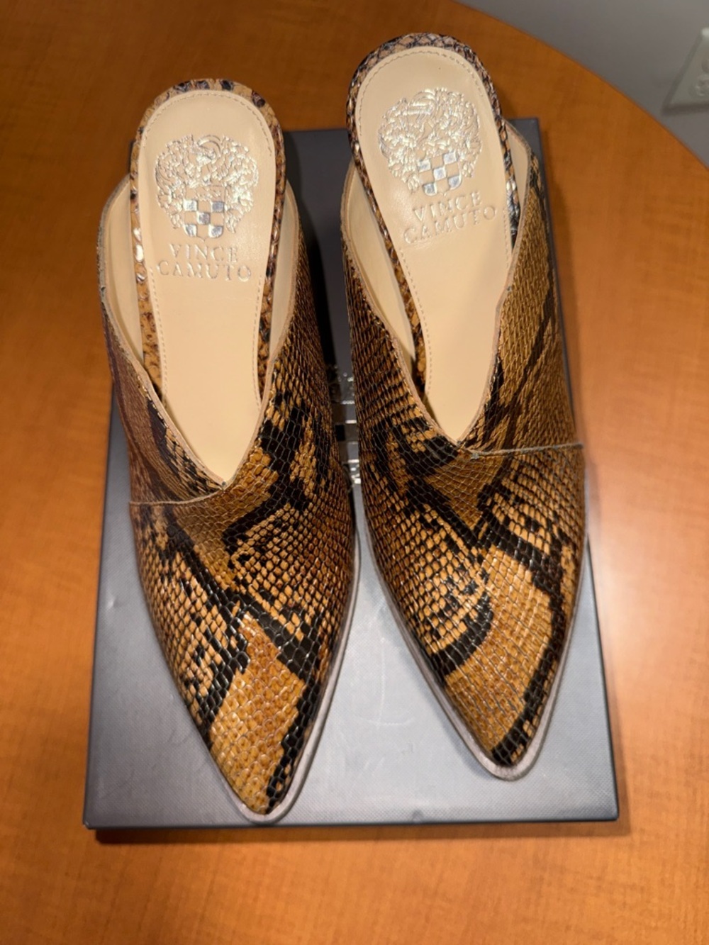 Vince Camuto Pointed Toe Snake-Print Mules in Brown and Black